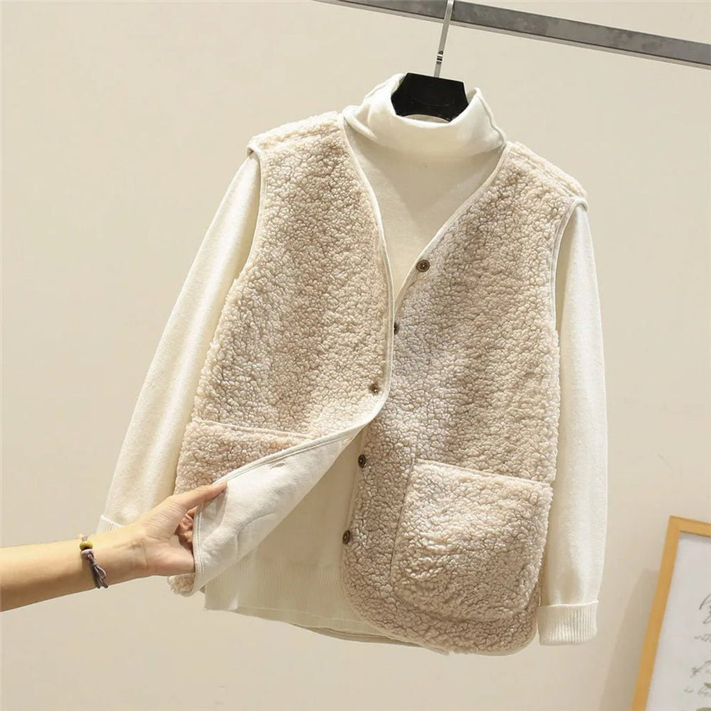 Women's Sherpa Fleece Sleeveless Puffer Vest Button-Front - Beige