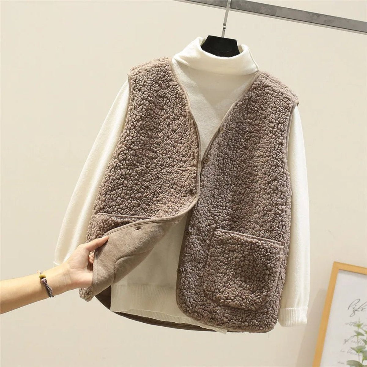 Women's Sherpa Fleece Sleeveless Puffer Vest Button-Front - Khaki