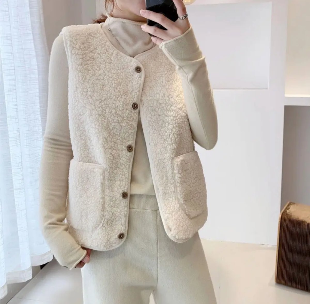 Women's Sherpa Fleece Sleeveless Puffer Vest Button-Front