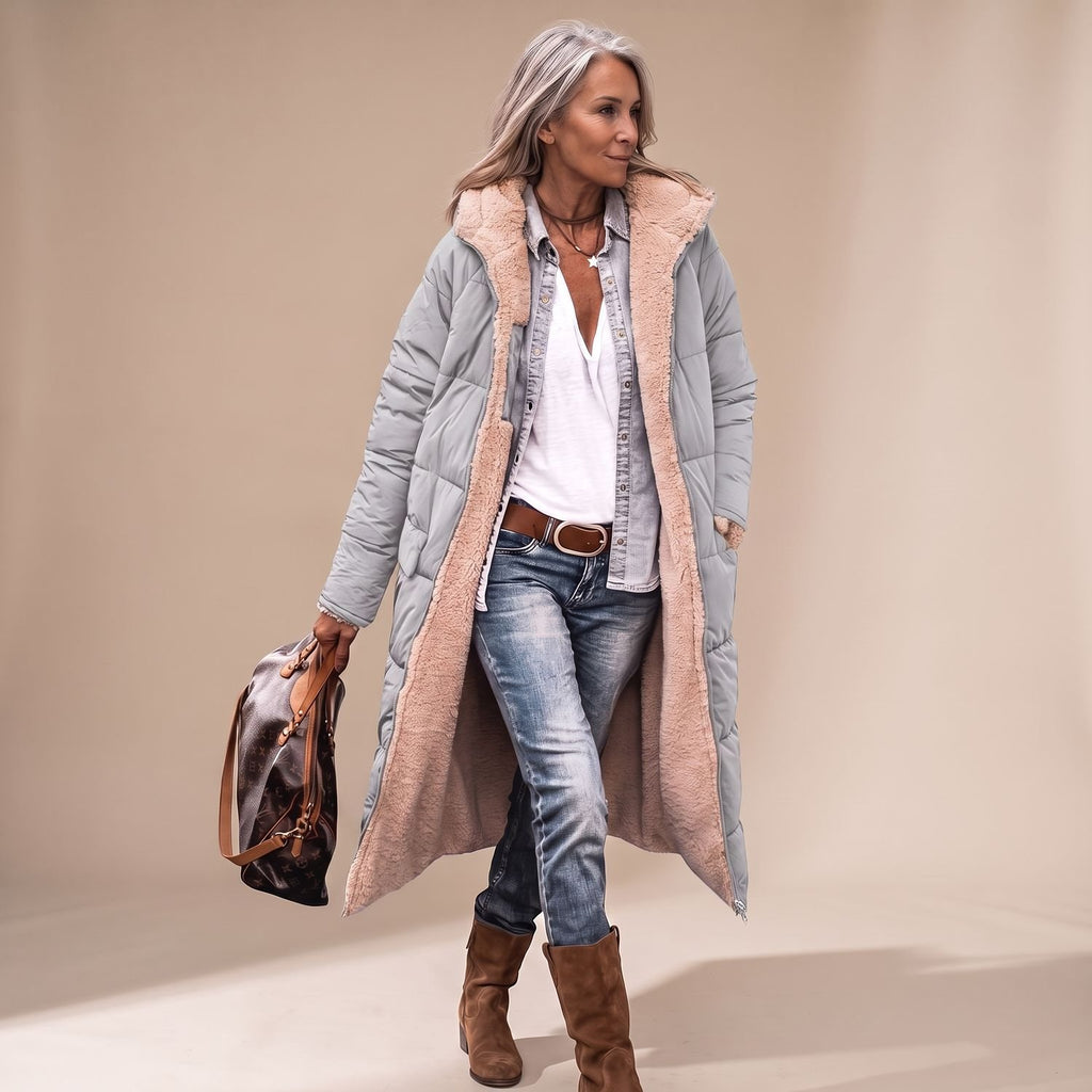 Women's Sherpa-Lined Hooded Long Quilted Winter Coat - Gray