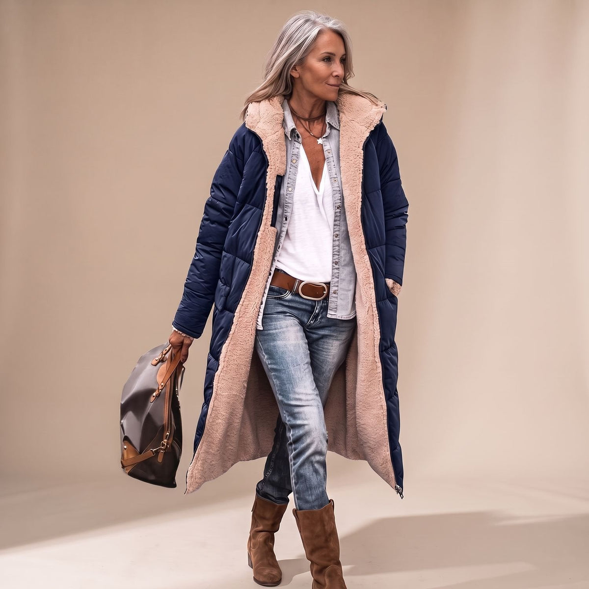 Women's Sherpa-Lined Hooded Long Quilted Winter Coat - Blue