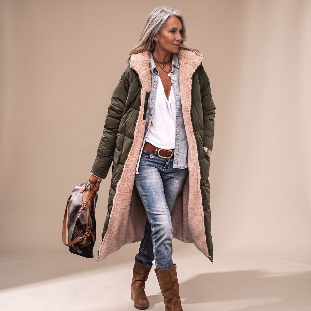 Women's Sherpa-Lined Hooded Long Quilted Winter Coat - Military Green