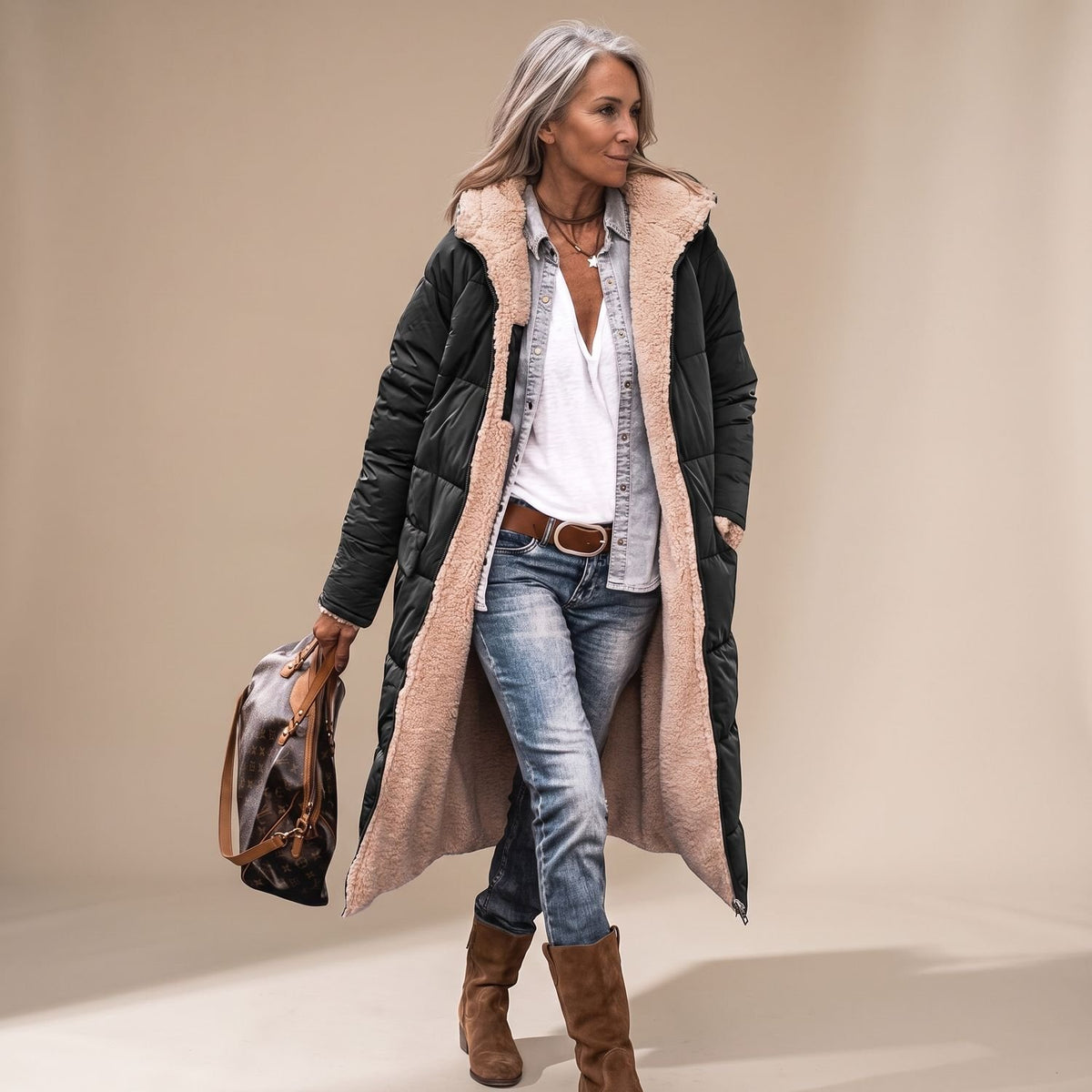 Women's Sherpa-Lined Hooded Long Quilted Winter Coat - Black
