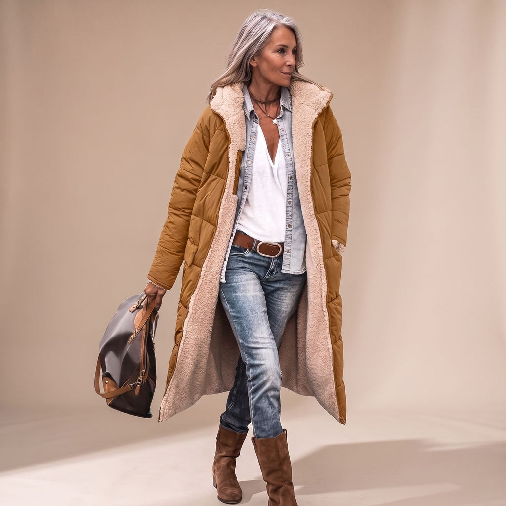 Women's Sherpa-Lined Hooded Long Quilted Winter Coat - Brown