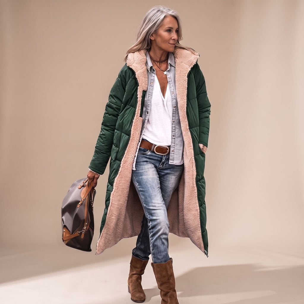Women's Sherpa-Lined Hooded Long Quilted Winter Coat - Green