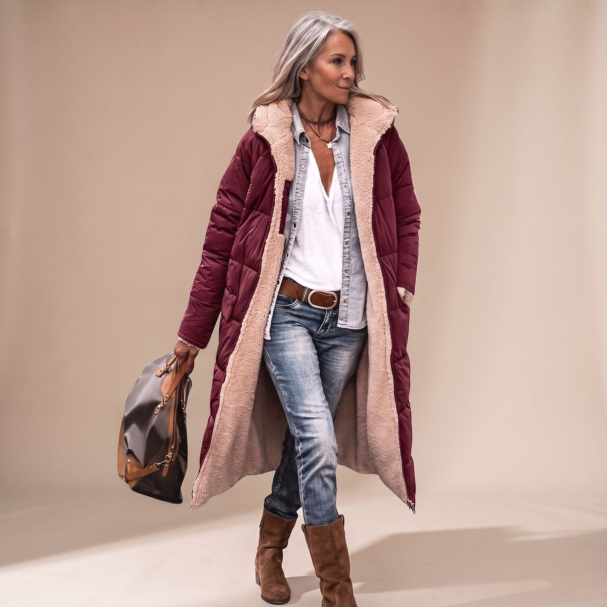 Women's Sherpa-Lined Hooded Long Quilted Winter Coat - Red