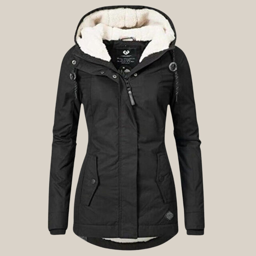 Women's Sherpa-Lined Hooded Quilted Jacket Zip-Up Winter Coat - Black