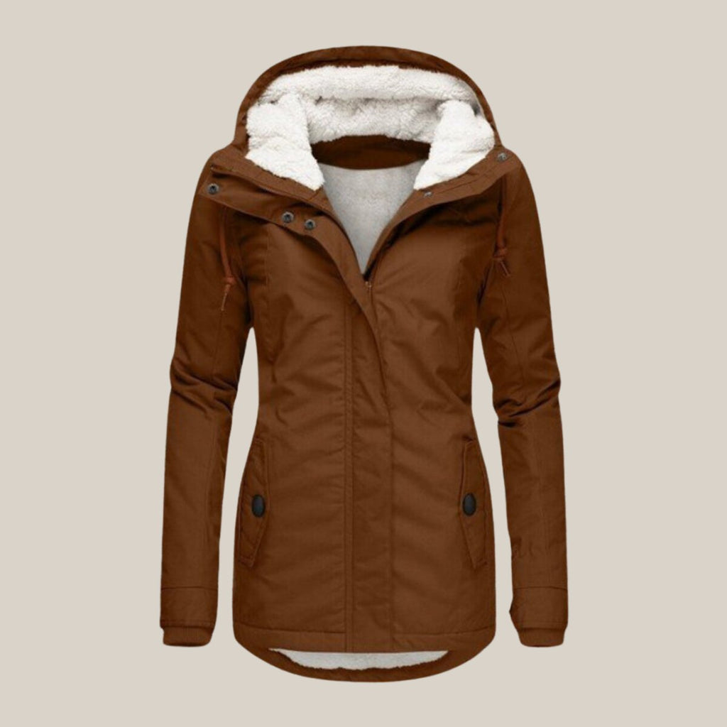 Women's Sherpa-Lined Hooded Quilted Jacket Zip-Up Winter Coat - Brown