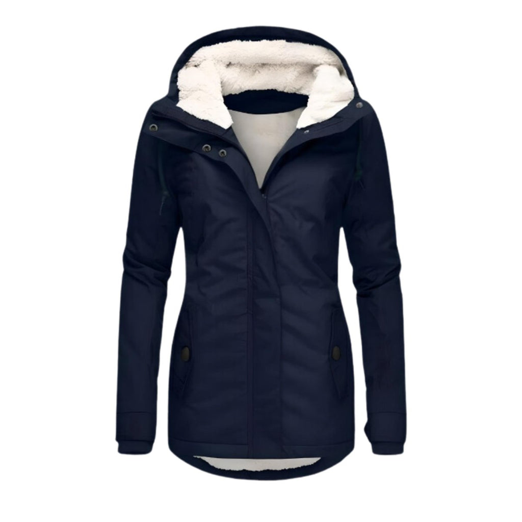 Women's Sherpa-Lined Hooded Waterproof Parka Coat - Navy Blue