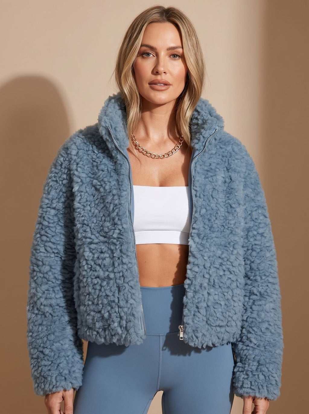 Women's Sherpa Zip-Up Faux Fur Coat Stand-Collar Jacket - Blue