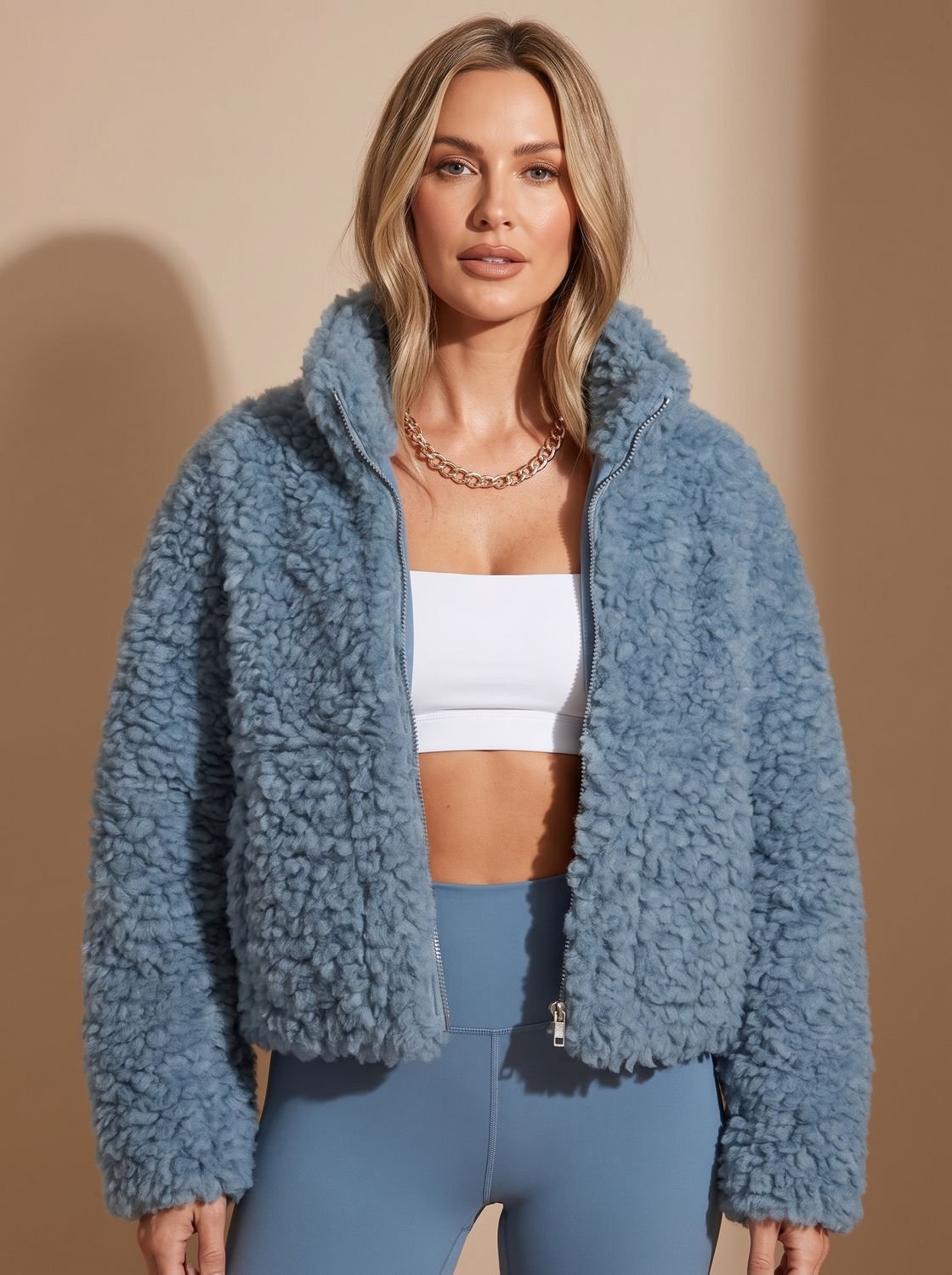 Women's Sherpa Zip-Up Faux Fur Coat Stand-Collar Jacket - Blue