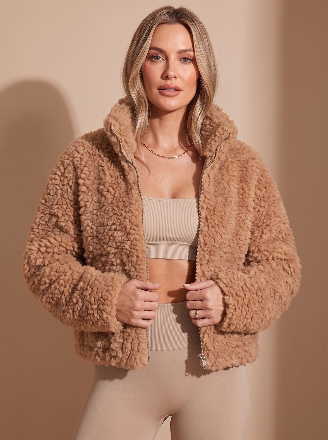 Women's Sherpa Zip-Up Faux Fur Coat Stand-Collar Jacket - Brown