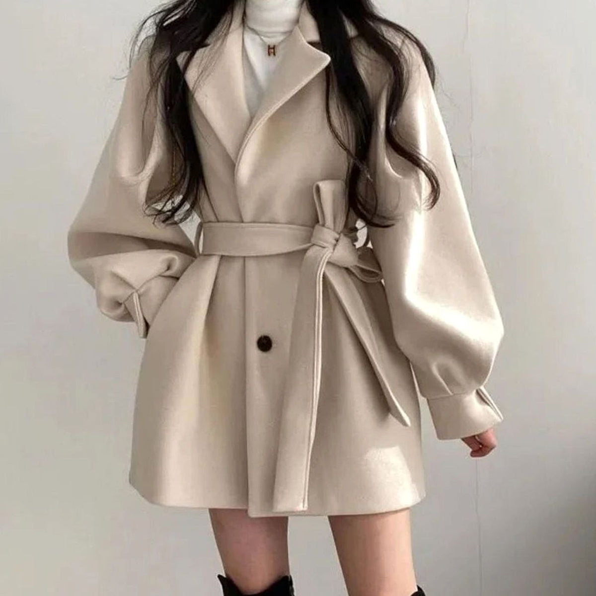 Women's Short Belted Wool-Look Winter Coat Lapel A-Line - White