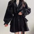 Women's Short Belted Wool-Look Winter Coat Lapel A-Line - Black