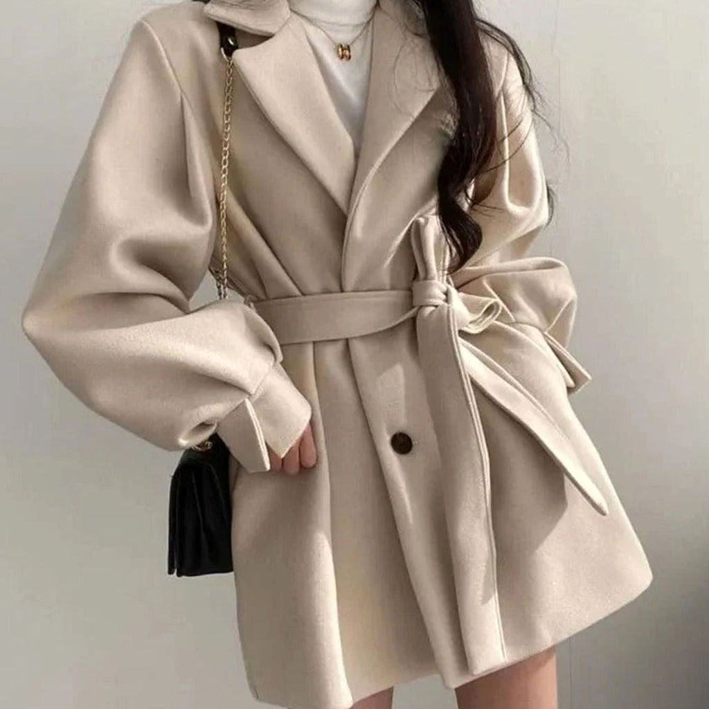 Women's Short Belted Wool-Look Winter Coat Lapel A-Line