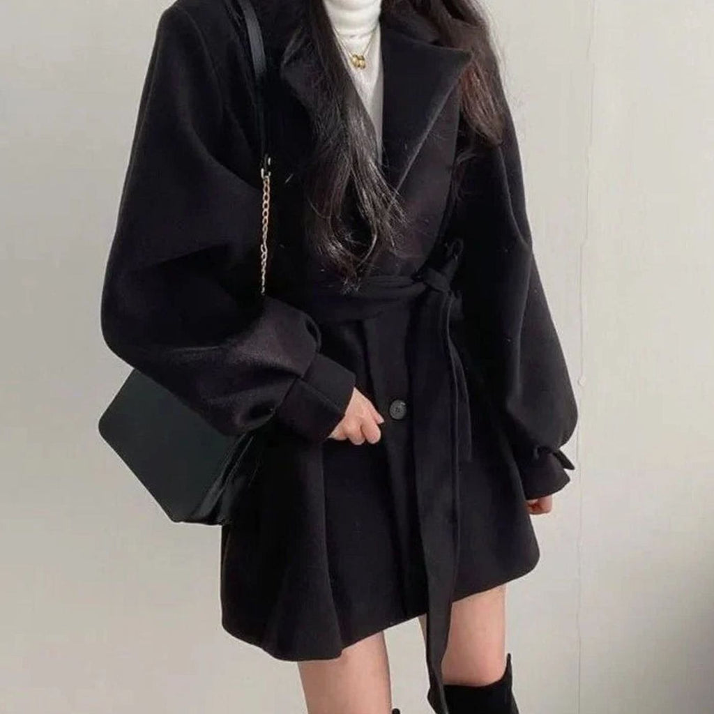 Women's Short Belted Wool-Look Winter Coat Lapel A-Line