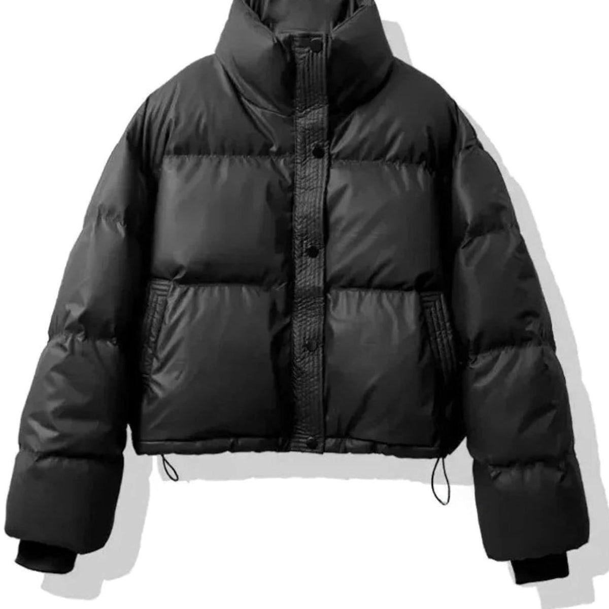 Women's Short Quilted Jacket PU Puffer Winter Coat - Black