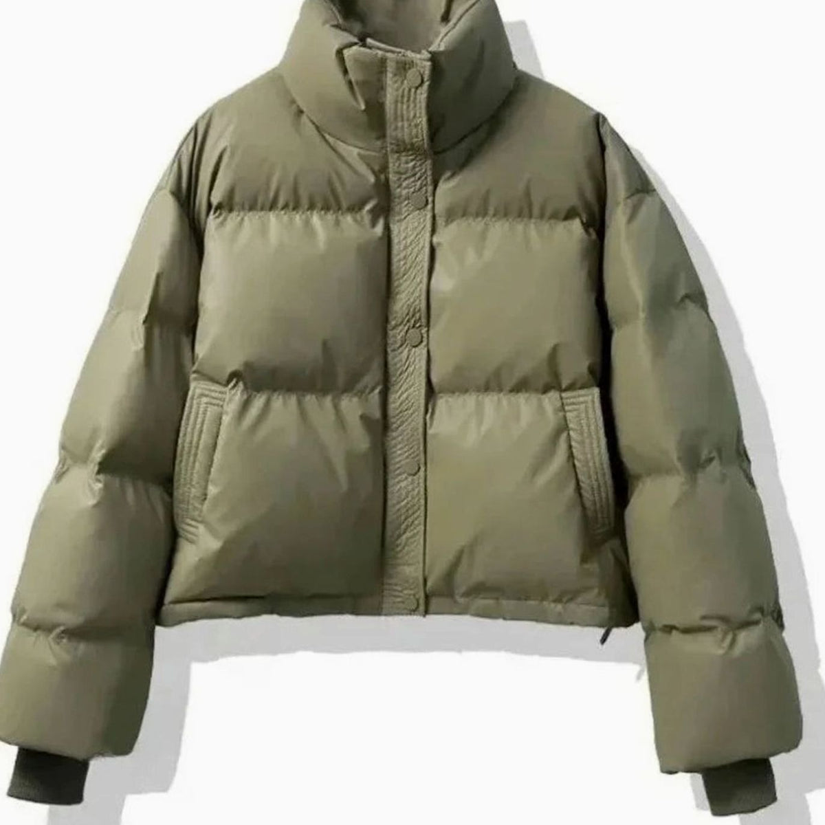 Women's Short Quilted Jacket PU Puffer Winter Coat - Green