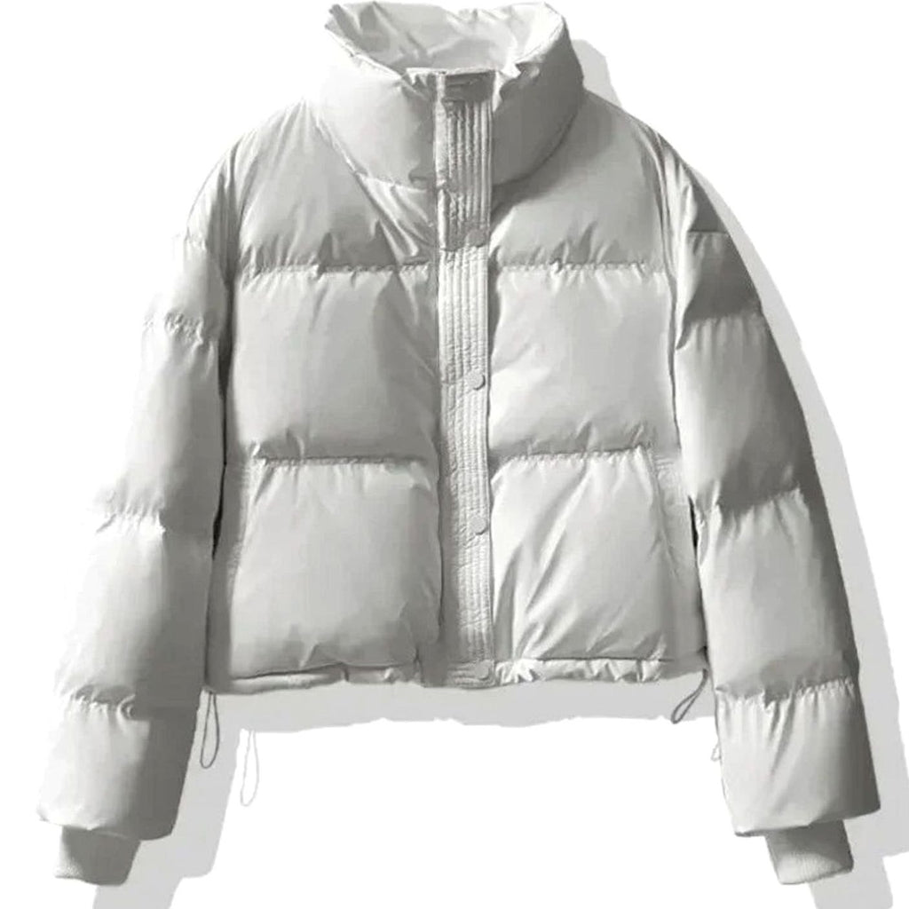 Women's Short Quilted Jacket PU Puffer Winter Coat - White