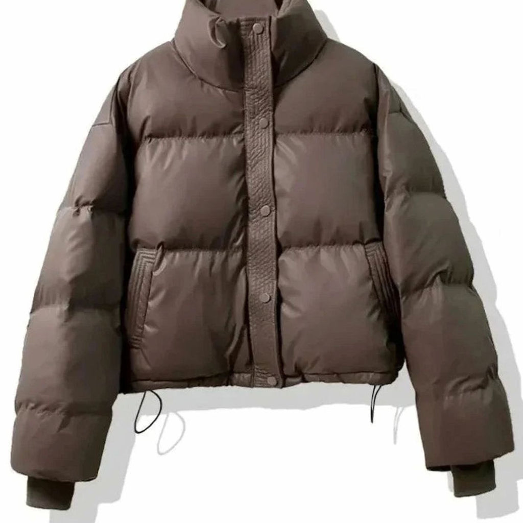 Women's Short Quilted Jacket PU Puffer Winter Coat - Coffee