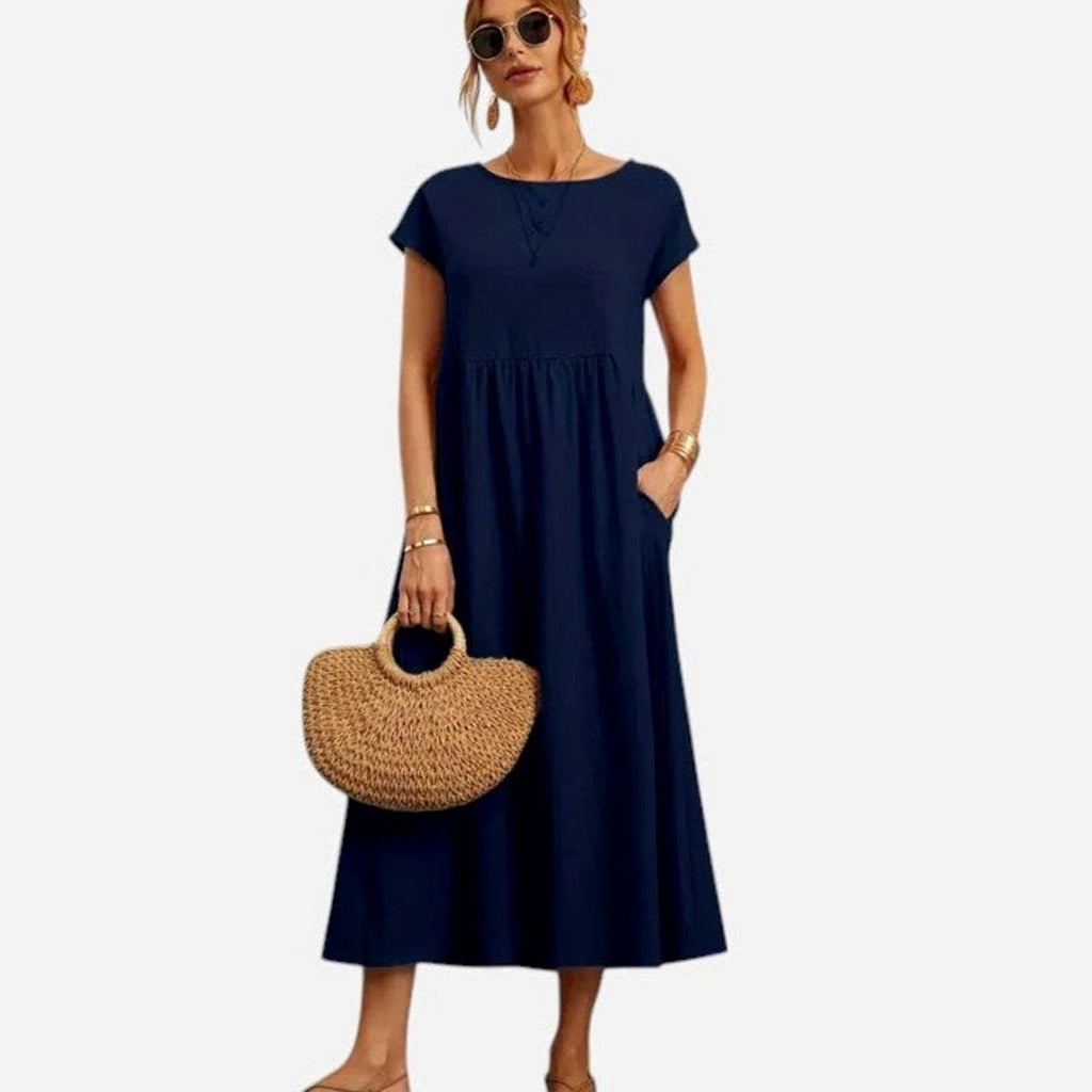 Women's Short-Sleeve Round-Neck Flowy Midi Dress Pockets - Dark Blue