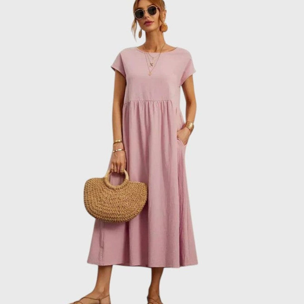 Women's Short-Sleeve Round-Neck Flowy Midi Dress Pockets - Rose