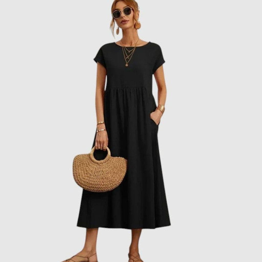 Women's Short-Sleeve Round-Neck Flowy Midi Dress Pockets - Black
