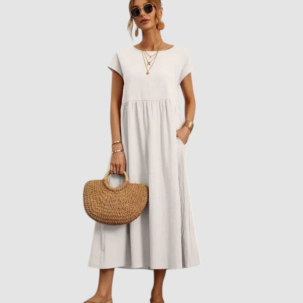 Women's Short-Sleeve Round-Neck Flowy Midi Dress Pockets - White