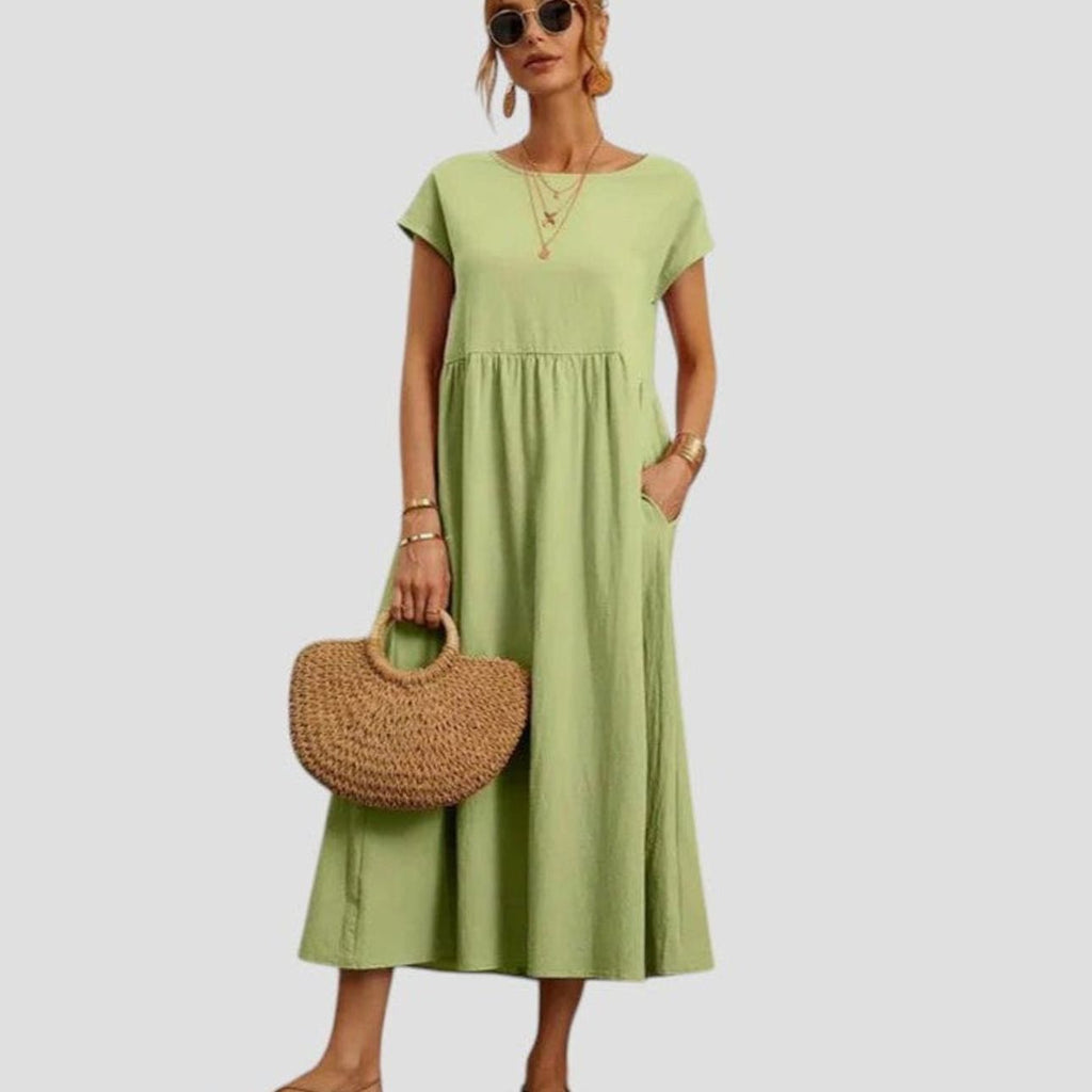 Women's Short-Sleeve Round-Neck Flowy Midi Dress Pockets - Light Green