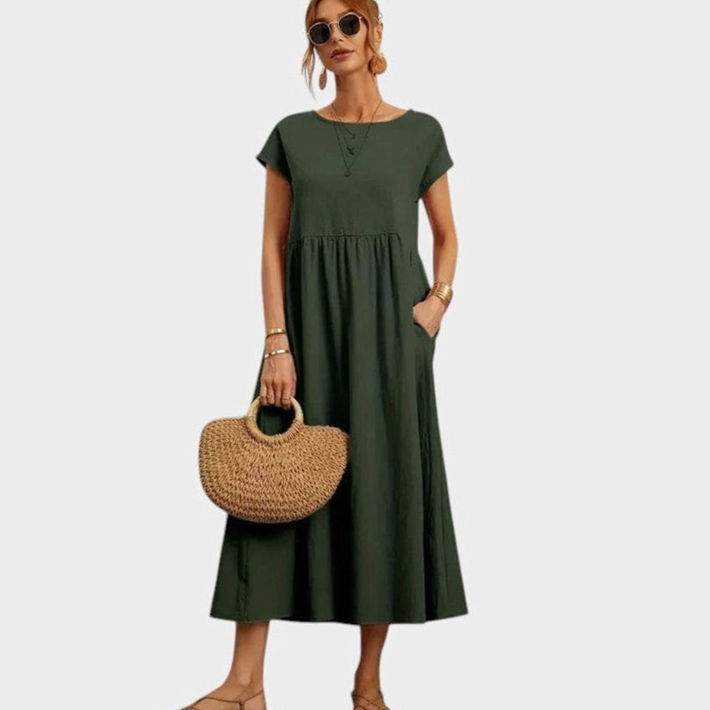 Women's Short-Sleeve Round-Neck Flowy Midi Dress Pockets - Dark Green