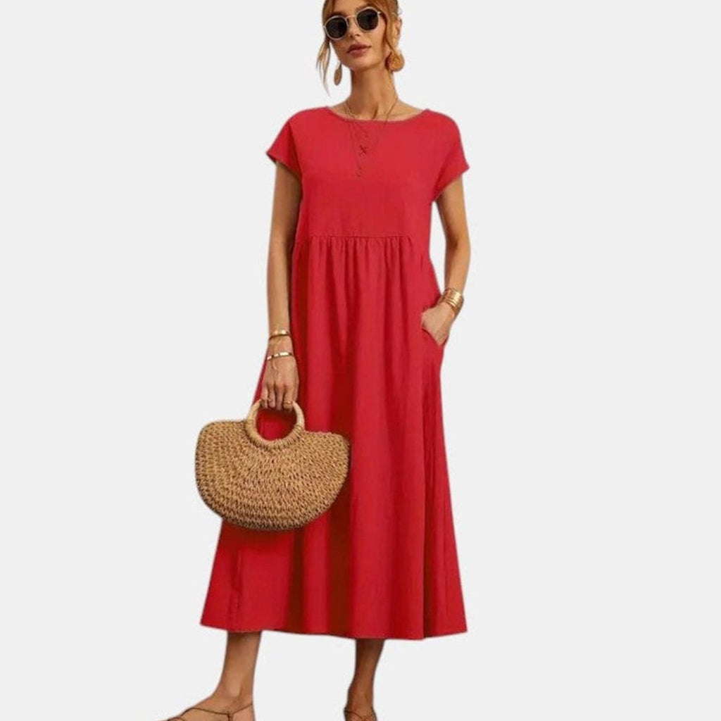 Women's Short-Sleeve Round-Neck Flowy Midi Dress Pockets - Red