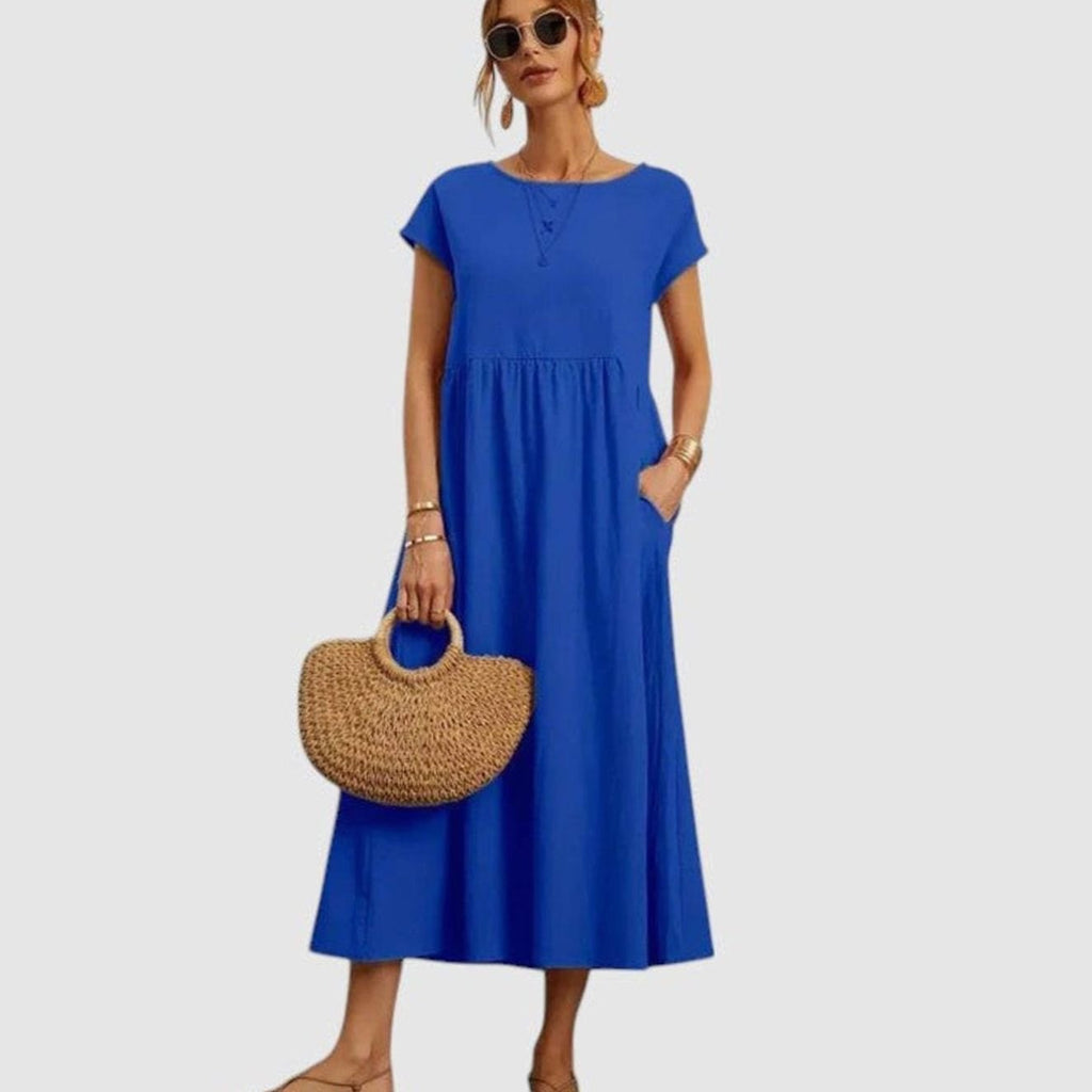 Women's Short-Sleeve Round-Neck Flowy Midi Dress Pockets - Blue