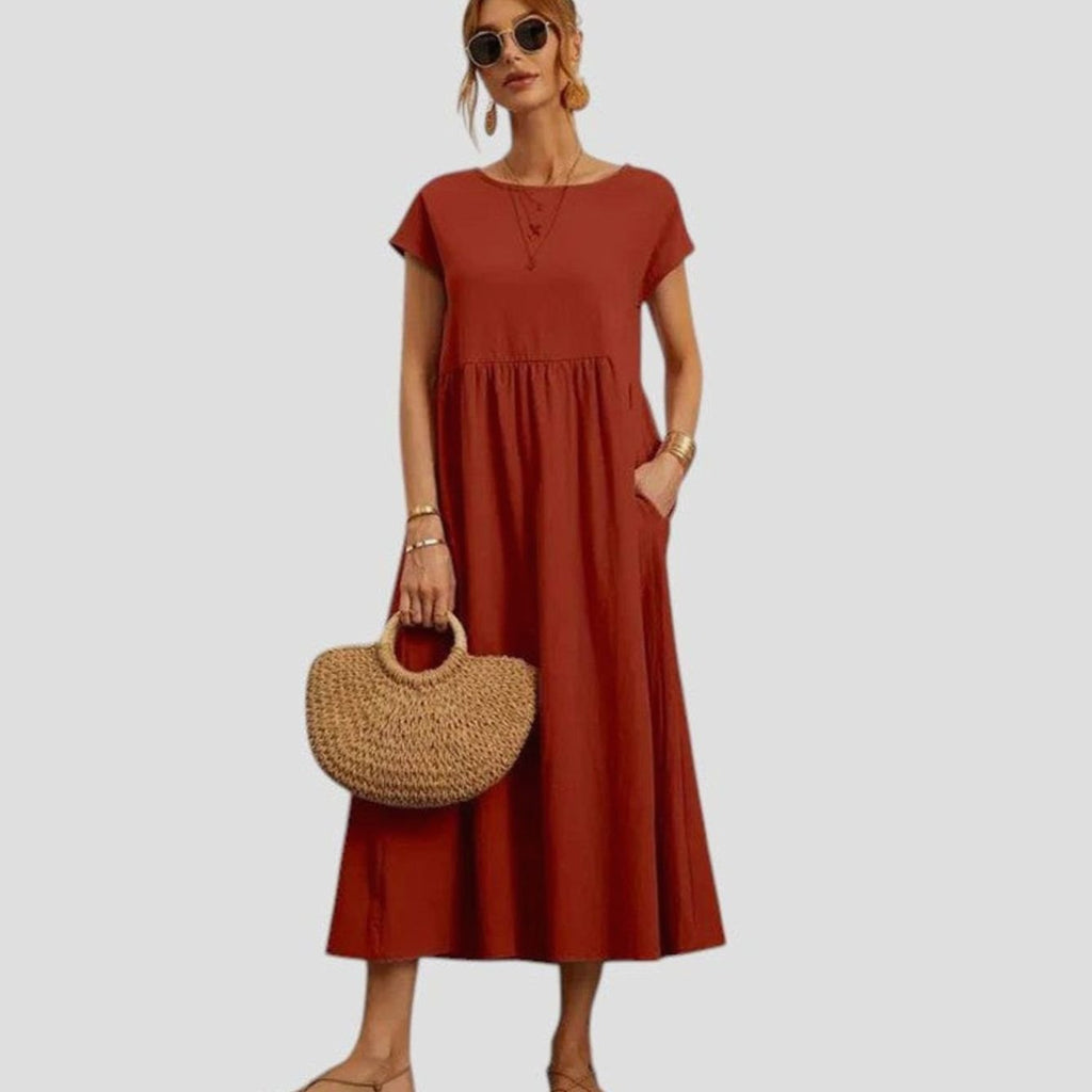 Women's Short-Sleeve Round-Neck Flowy Midi Dress Pockets - Rusty