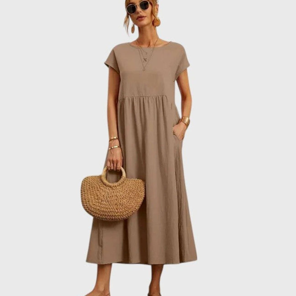 Women's Short-Sleeve Round-Neck Flowy Midi Dress Pockets - Khaki