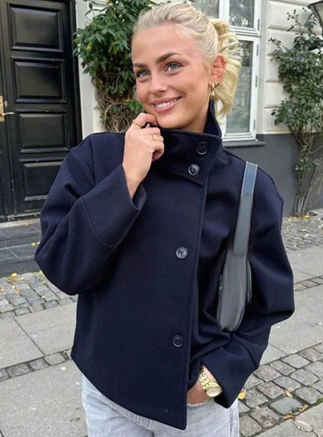 Women's Short Wool-Feel High-Collar Button-Front Winter Coat - Dark Blue
