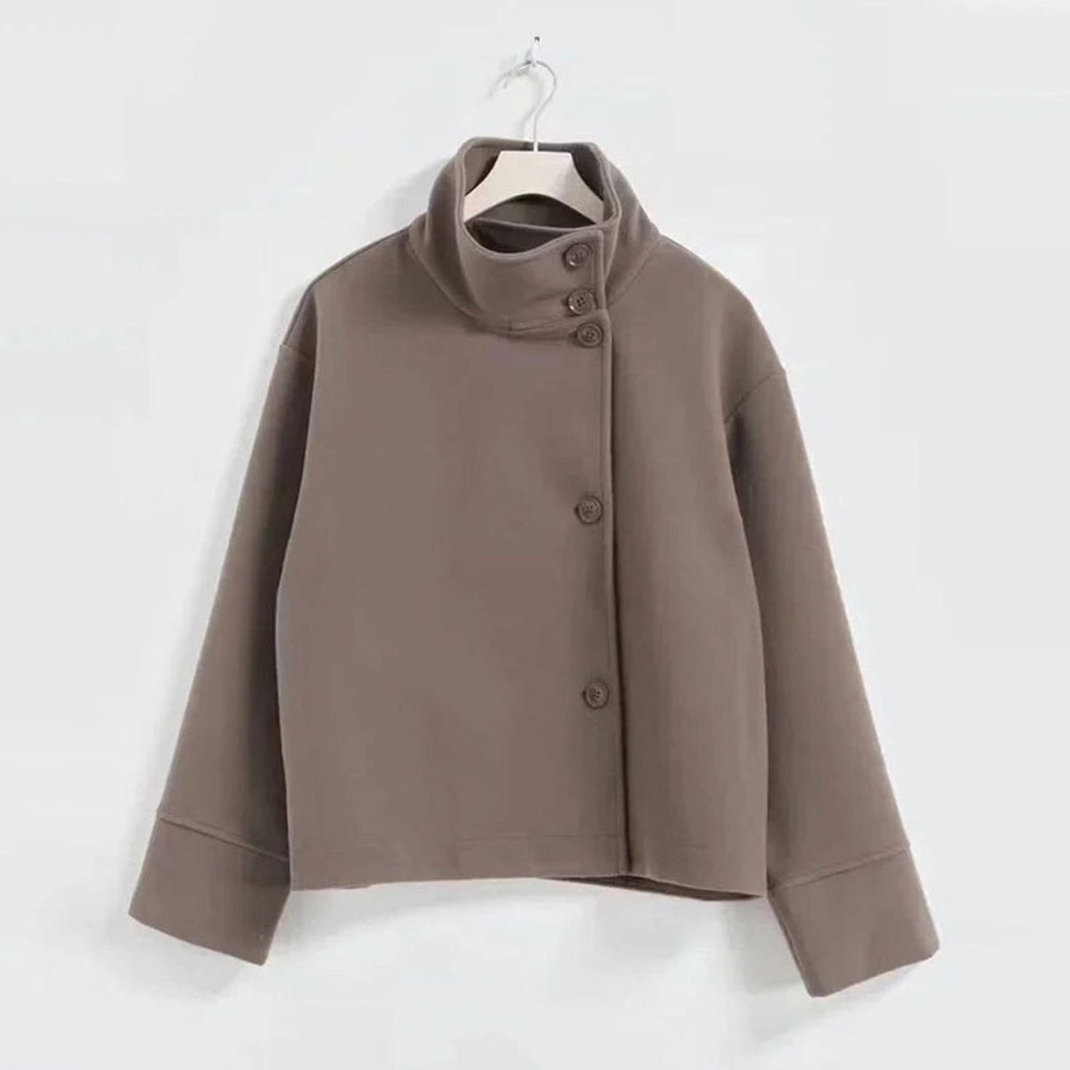Women's Short Wool-Feel High-Collar Button-Front Winter Coat - Coffee