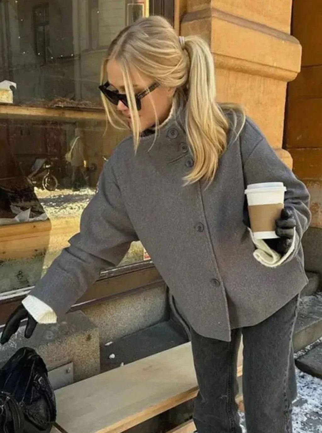 Women's Short Wool-Feel High-Collar Button-Front Winter Coat - Gray