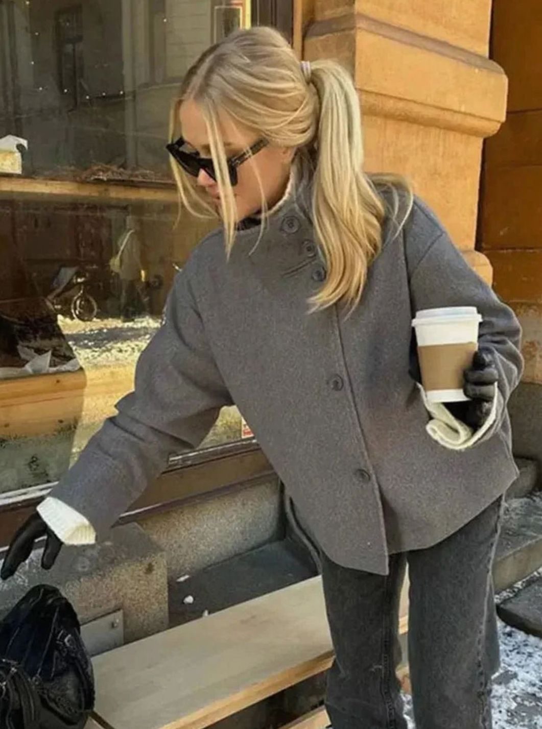 Women's Short Wool-Feel High-Collar Button-Front Winter Coat - Gray