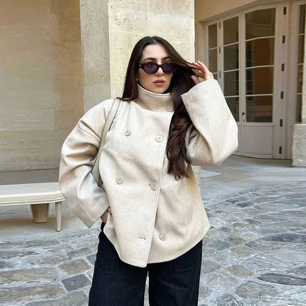 Women's Short Wool-Feel High-Collar Button-Front Winter Coat - Apricot