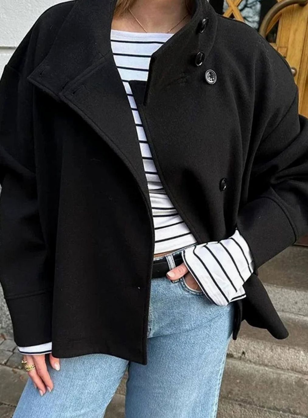 Women's Short Wool-Feel High-Collar Button-Front Winter Coat - Black
