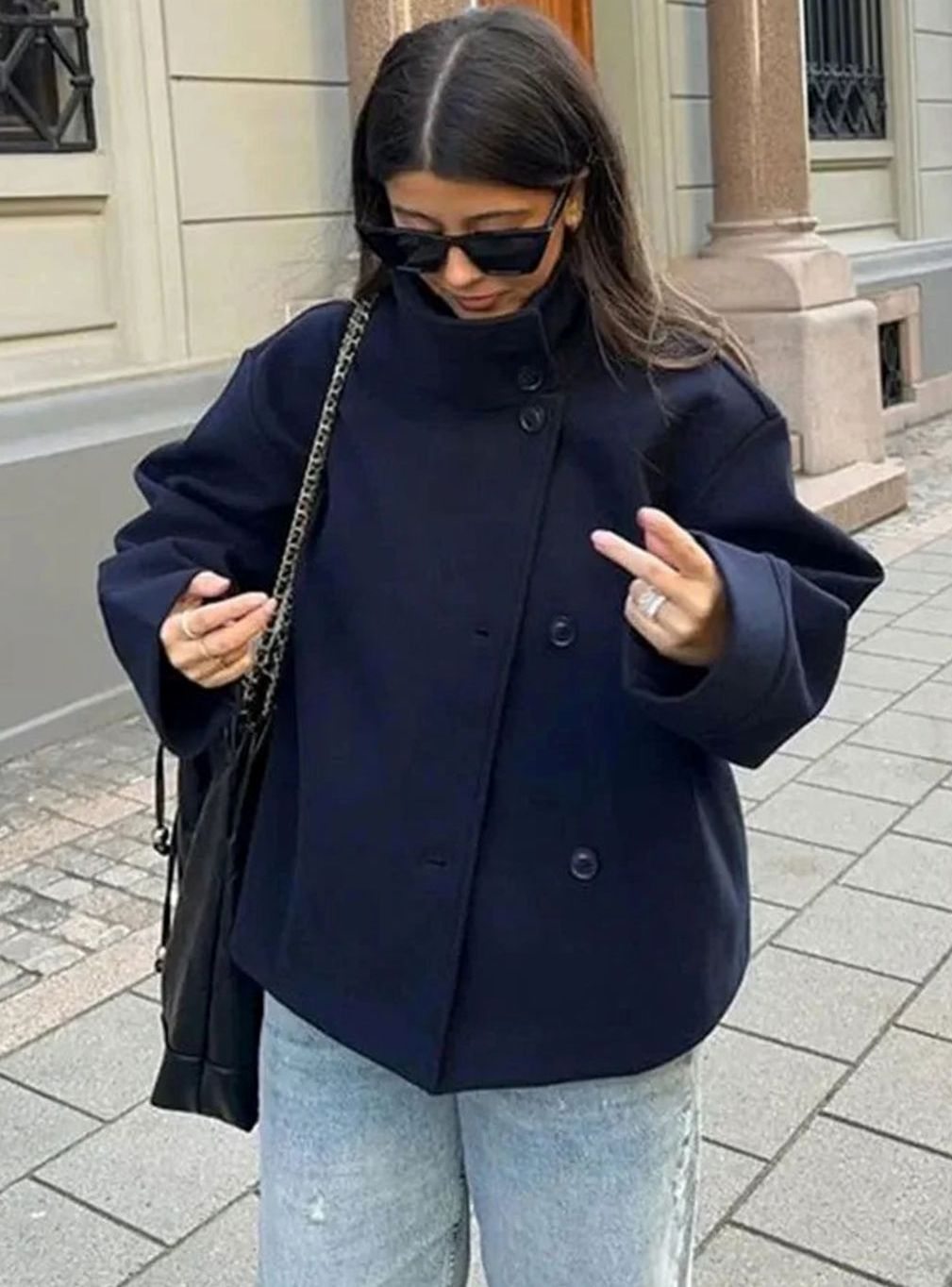 Women's Short Wool-Feel High-Collar Button-Front Winter Coat