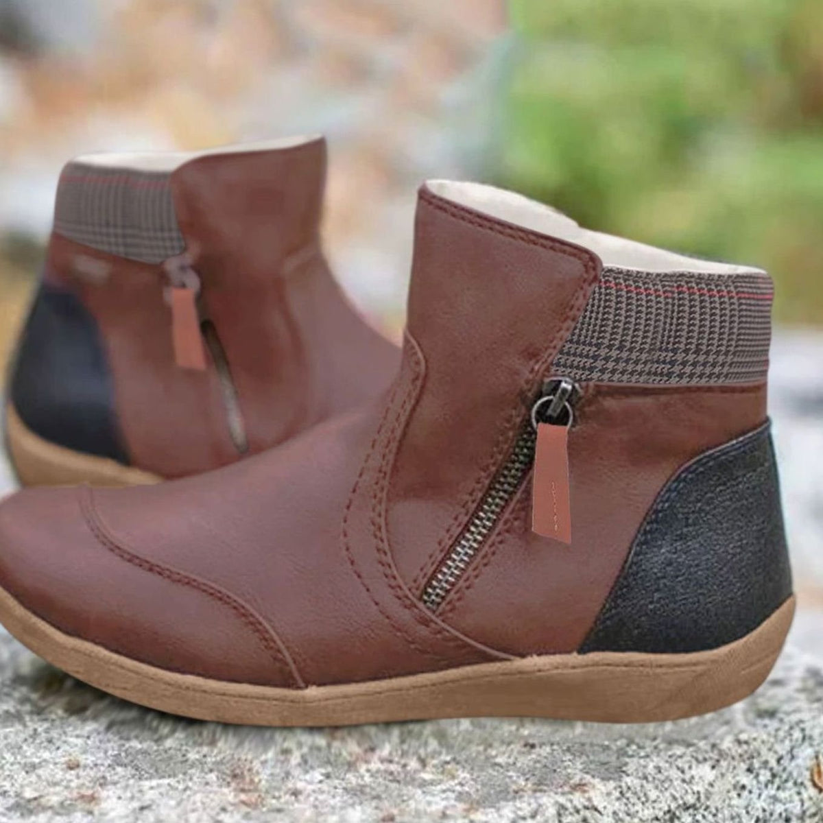 Women's Side-Zip Colorblock Faux Leather Ankle Boots - Brown