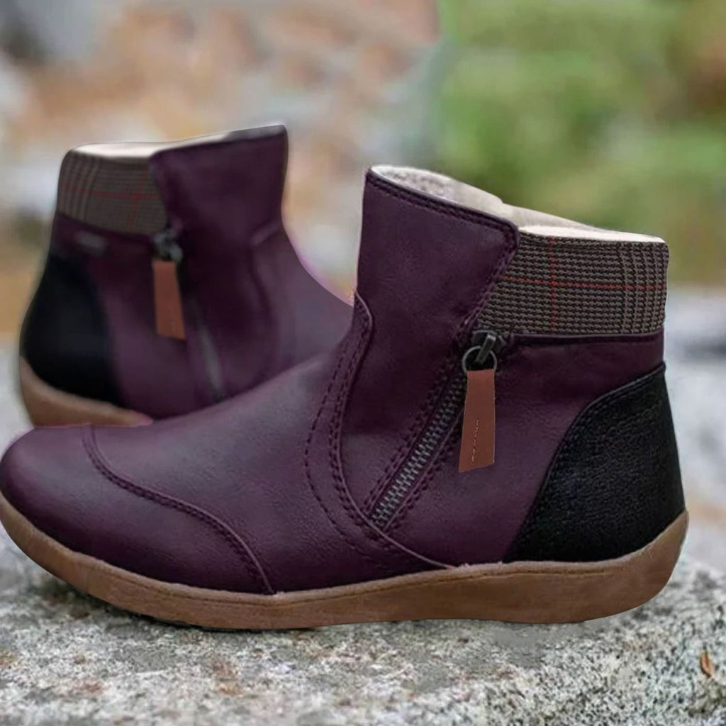 Women's Side-Zip Colorblock Faux Leather Ankle Boots - Purple