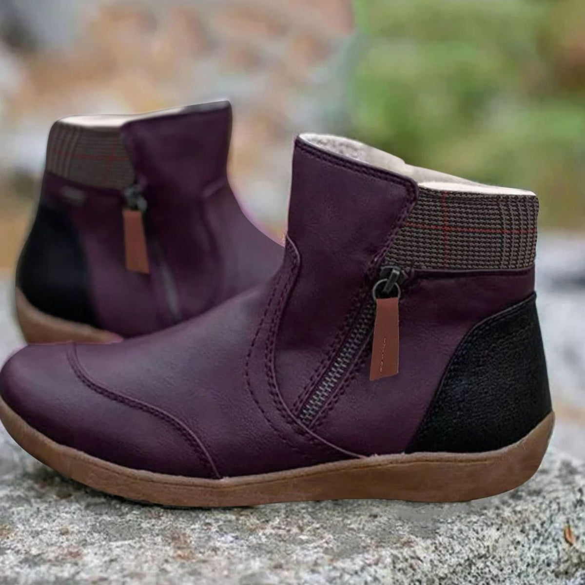 Women's Side-Zip Colorblock Faux Leather Ankle Boots - Purple