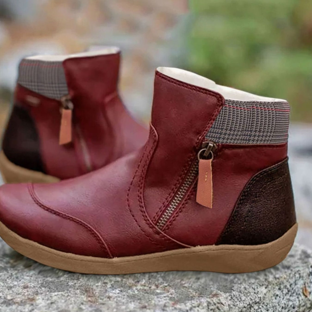 Women's Side-Zip Colorblock Faux Leather Ankle Boots - Red