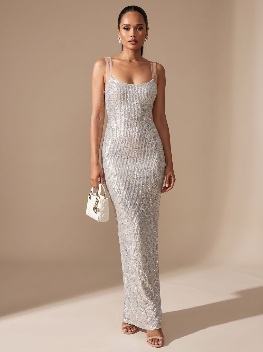 Women's Silver Maxi Sequin Dress Square-Neck Bodycon