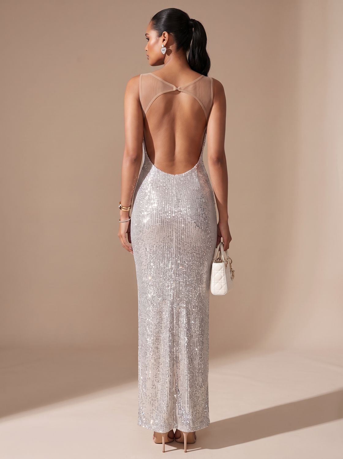 Women's Silver Maxi Sequin Dress Square-Neck Bodycon