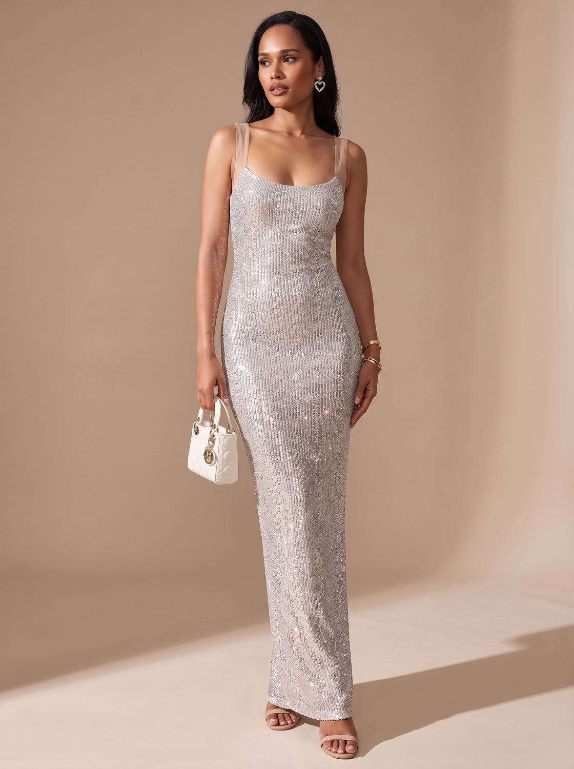 Women's Silver Maxi Sequin Dress Square-Neck Bodycon