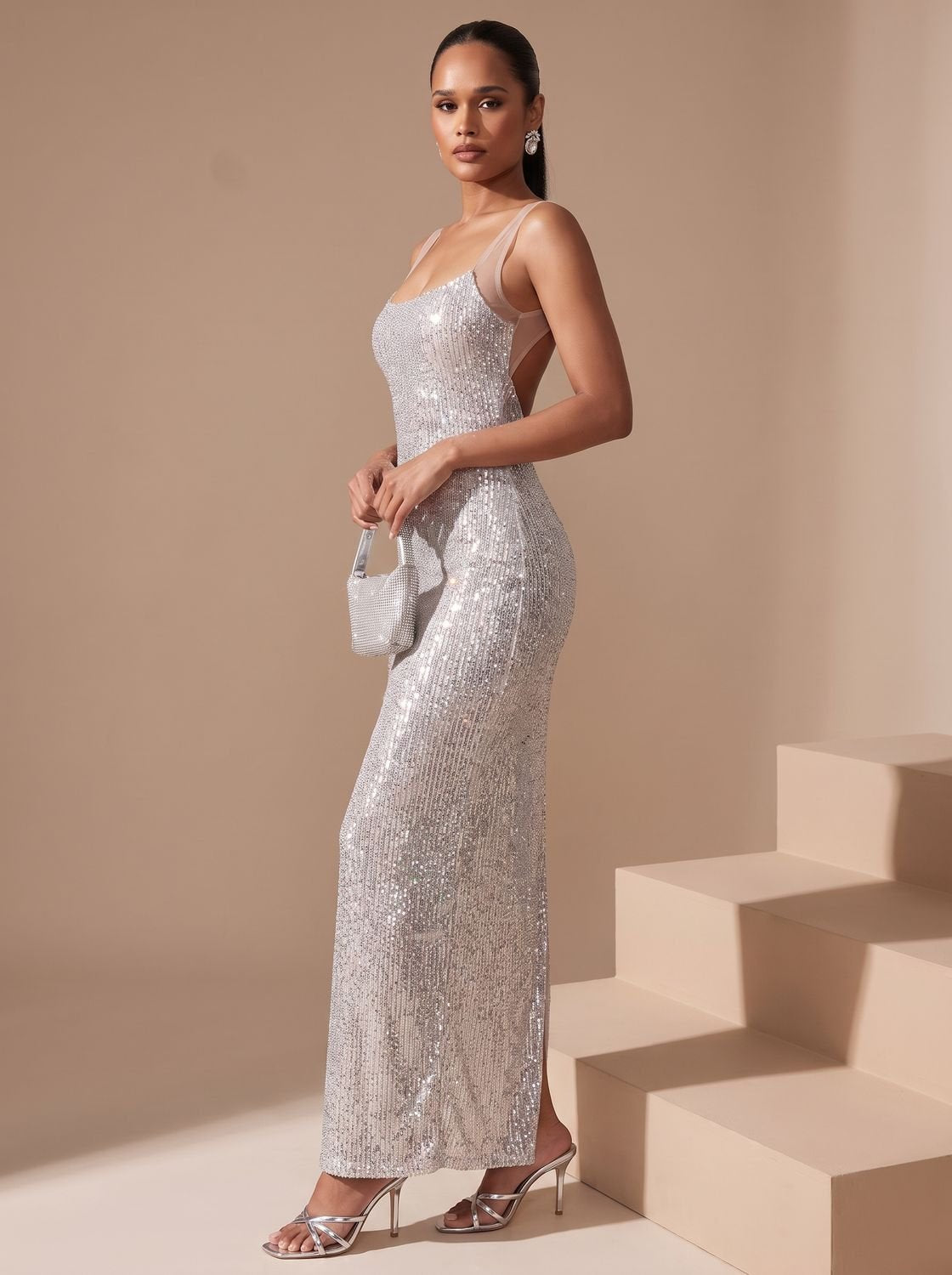 Women's Silver Maxi Sequin Dress Square-Neck Bodycon