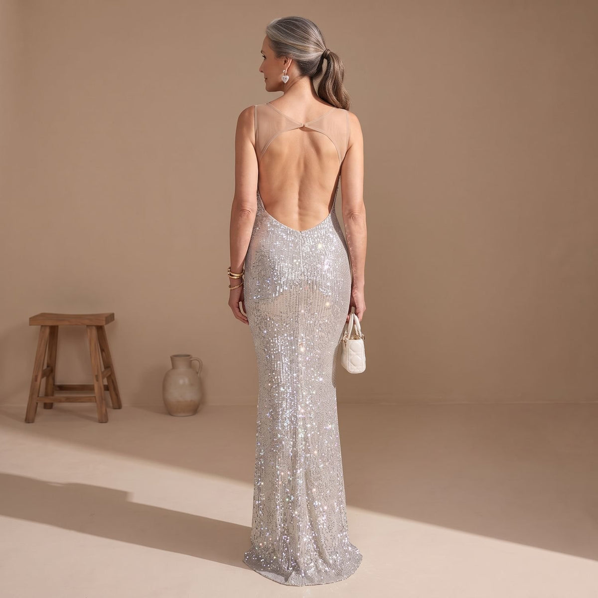Women's Silver Maxi Sequin Dress Square-Neck Spaghetti Strap
